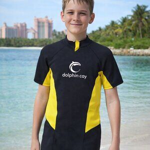 Child Kid Scuba Wet Suit Dolphin Cay Short - Black and Yellow Size 16